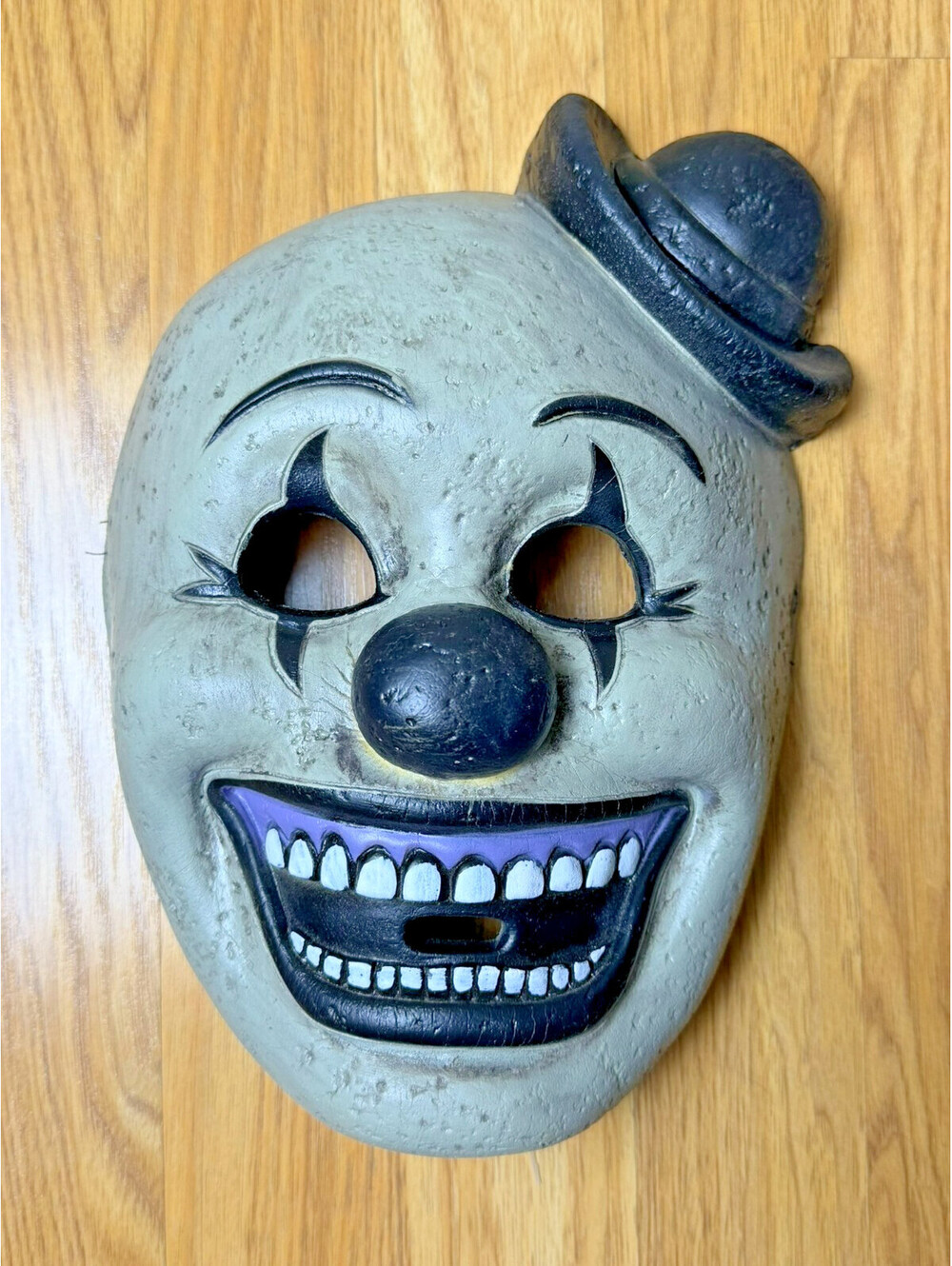 Vintage Creepy Clown Mask Foam -Rubber Bowler Hat Smiling Evil Clown